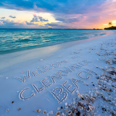 Welcome to Clearwater Beach message written in white sand beautiful florida sunset clean ocean water illustration image