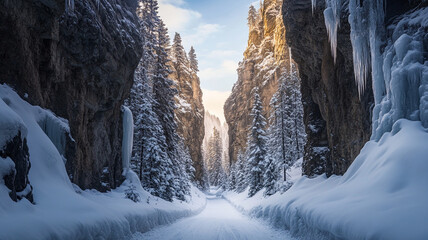 A narrow mountain pass buried in deep snow, flanked by towering icy cliffs, frost-covered trees lining the rugged path.
