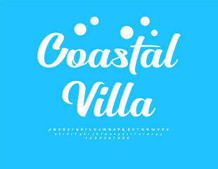 Vector Recreational emblem Coastal Villa. Calligraphic White Font. Set of Cursive  Alphabet Letters and Numbers.