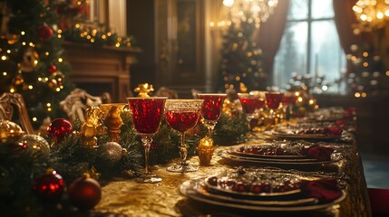 An elegant Christmas feast table with a golden tablecloth, red wine glasses, pine garlands, and shimmering ornaments, set in a beautifully lit dining room with festive decorations, cinematic lighting.
