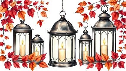 Obraz premium Autumn Lanterns with Candles Red Leaves Fall Decor Thanksgiving Halloween