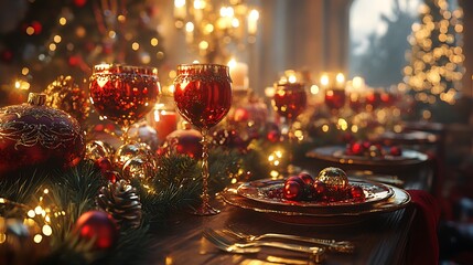 An elegant Christmas feast table with a golden tablecloth, red wine glasses, pine garlands, and shimmering ornaments, set in a beautifully lit dining room with festive decorations, cinematic lighting.