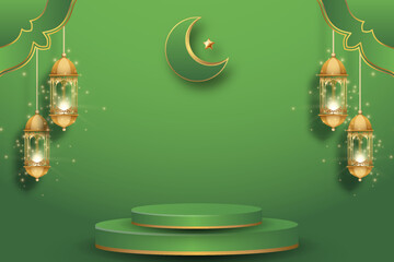 podium template design with islamic concept, display product, light effect, hanging ornament vector and moon