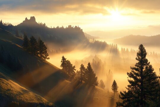Majestic sunrise over misty hills and trees in a tranquil mountainous landscape - Powered by Adobe