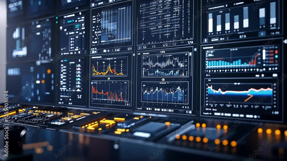 Poster multiple screens displaying complex data analysis, charts, and information in a high tech, futuristi