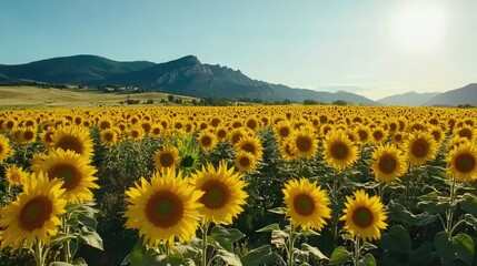 Fototapeta premium Field of golden sunflowers stretching towards the horizon under a bright blue sky, embodying the vibrancy of summer agriculture.