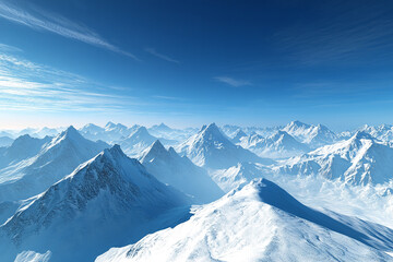 Obraz premium A panoramic winter vista, countless snow-covered peaks fading into the distance under a clear and vibrant blue sky.