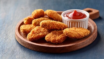 crispy chicken tenders with ketchup on wooden plate