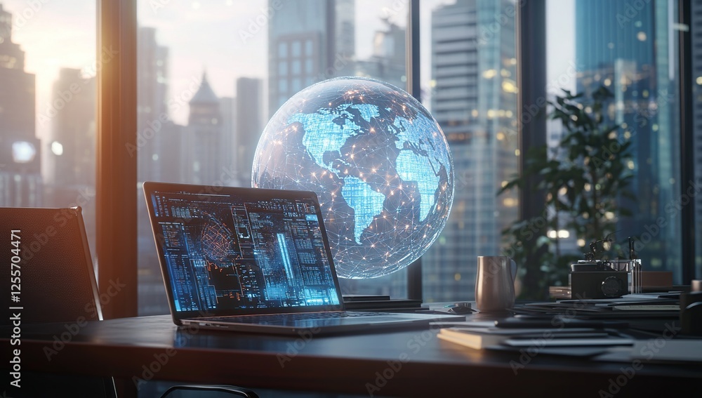 Poster global network: data visualization on laptop screen displays worldwide connectivity in modern office