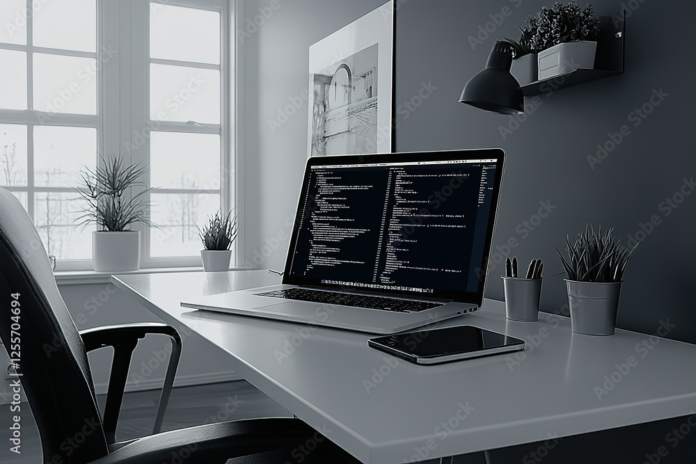 Poster modern workspace featuring laptop with code smartphone desk and decor in monochromatic scheme