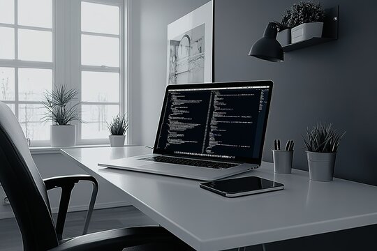 Modern workspace featuring laptop with code smartphone desk and decor in monochromatic scheme