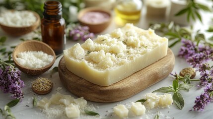Close-up of a soap-making process with raw ingredients, such as essential oils, coconut oil, natural colors, placed beside partially poured soap mixture