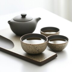 Serene Tea Ceremony: A minimalist still life featuring a dark gray teapot and three speckled teacups filled with amber liquid, resting on an organic-shaped tray.