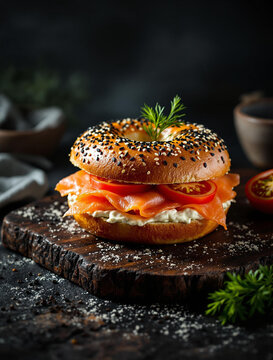 Indulge in a Delicious Bagel topped with Smoked Salmon and an Array of Fresh Vegetables