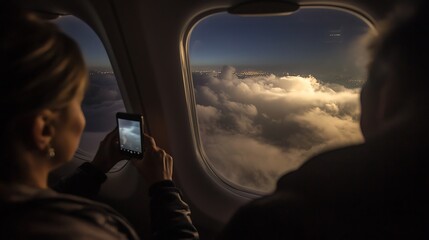 Fototapeta premium A woman is taking a picture of the clouds from an airplane window