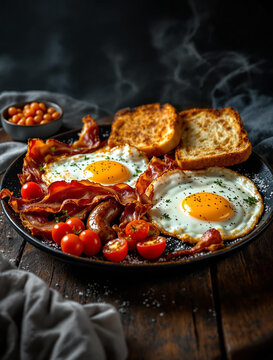 A Delicious and Satisfying Breakfast Plate Featuring Eggs, Crispy Bacon, and Cherry Tomatoes