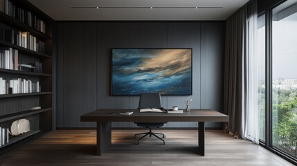 Fototapeta premium Stylish home office with a sleek desk, modern bookshelf, and minimalist decor for a productive workspace.