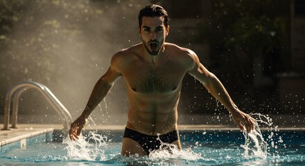 Rippling water, a muscular man emerges from the pool, his expression intense, sunlight casting dramatic shadows.