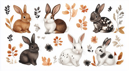 A set of cute bunnies in various poses surrounded by flowers and leaves, Cute bunny clip art set, surrounded by spring flowers and leaves in muted pastel tones on a white background, watercolor style