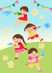 Obraz premium Songkran Thailand festival Poster with cute character playing water guns