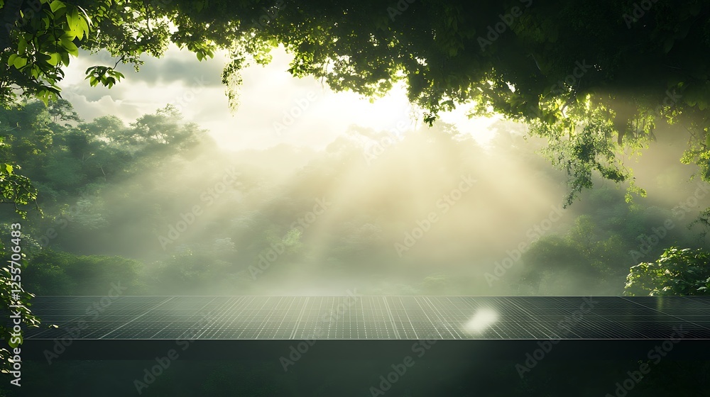 Aufkleber A serene landscape with sunlight streaming through lush foliage, creating a mystical atmosphere filled with mist and shadows.