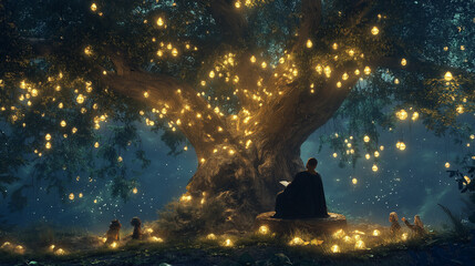 A magical storytelling session under a huge ancient oak tree, lit by glowing lanterns and fairy lights.