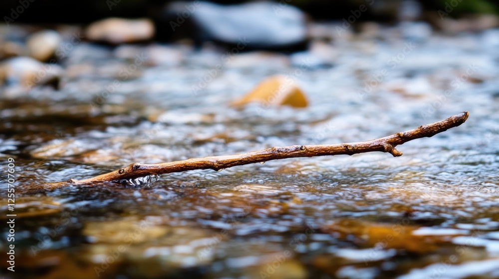 Poster stick floating on flowing stream with stones visible underwater