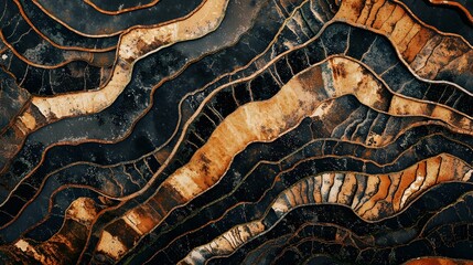 Obraz premium Vibrant aerial view of rice terraces, symmetrical patterns, cinematic atmosphere, rich earthy tones