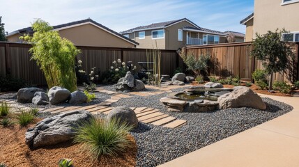 Tranquil Zen garden with raked gravel patterns, large boulders, and a small bamboo water feature.