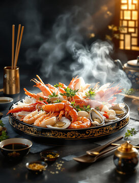 An Exquisite Seafood Platter featuring Shrimp, Clams, and a variety of delicious flavors