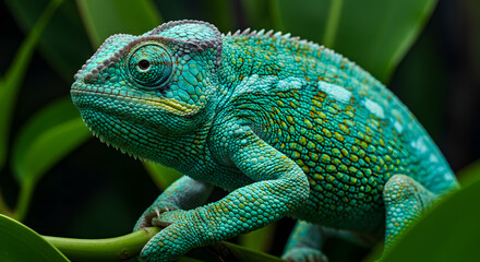 Obraz premium Close-up of Colorful Chameleon on Green Leafy Branch