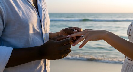 Oceanfront Engagement: A tender moment captured at sunset, a promise sealed with a ring, love's journey begins.