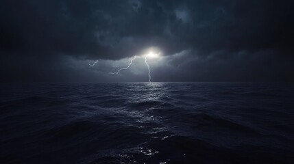 Dramatic seascape with lightning strike illuminating the dark stormy sea