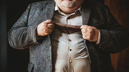 Man Adjusting Tie: A close-up shot of a mature man meticulously adjusting his tie, conveying a sense of preparation and confidence. The image is moody and intimate.