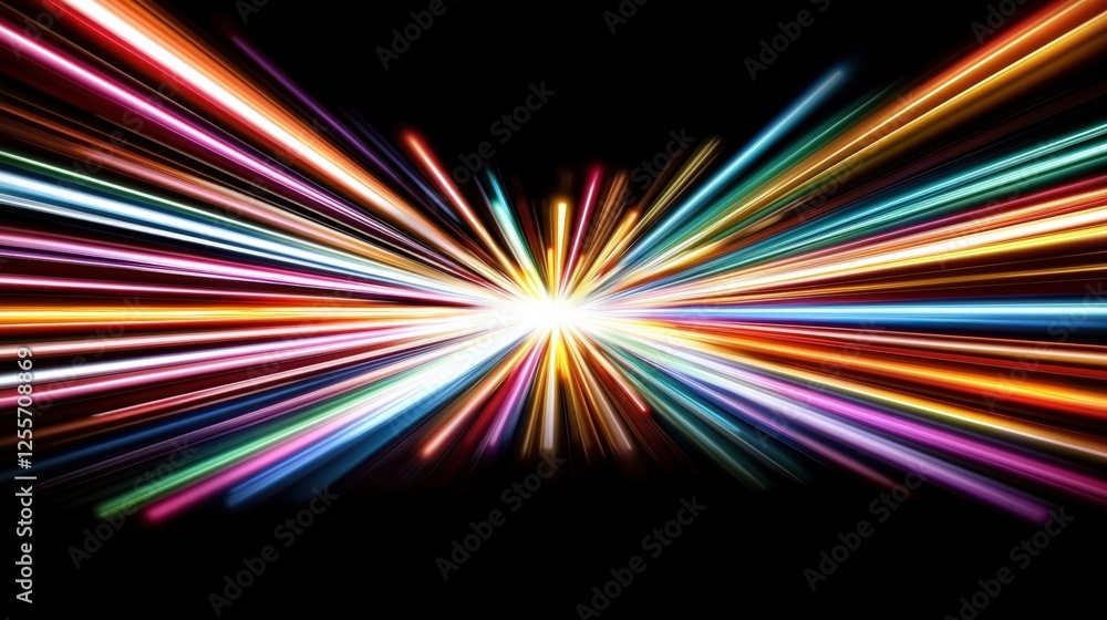 Poster dynamic light burst display abstract art installation colorful visuals dark background vibrant energ
