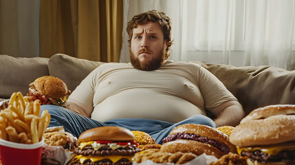 Overindulgence: A man sits on a couch surrounded by copious amounts of fast food, conveying a sense of overeating and unhealthy lifestyle choices.