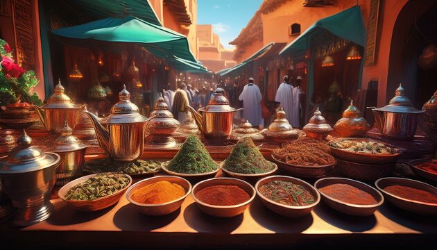 a vibrant moroccan bazaar bustling with activity offering an array of exotic teas infused with mint spices and floral essences generative ai