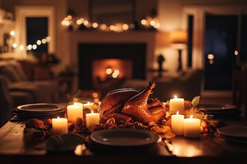 Roasted Turkey Dinner Gathers Family Around Festive Table with Candles and Warm Lighting.