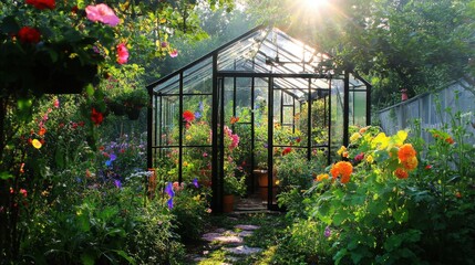 Obraz premium Vintage greenhouse nestled in a blooming English garden with colorful flower beds and climbing vines.