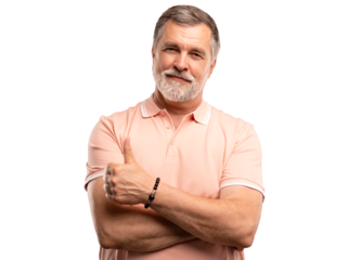 Handsome mature man standing showing thumbs up isolated on transparent background. Happy Portrait of cheerful smiling senior man looking at camera