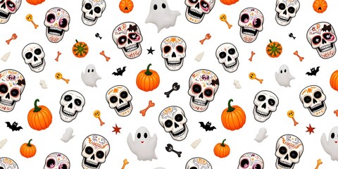 Festive Halloween pattern: sugar skulls, pumpkins, ghosts, and bones dance on a white background, creating a vibrant and cheerful autumn atmosphere.