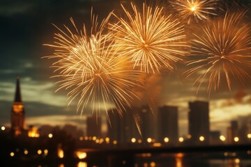 Fototapeta premium Celebratory fireworks illuminate the skyline during a festive evening in a vibrant urban setting