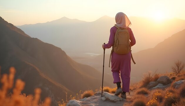 Sunset hike: A woman in hijab pauses, gazing at breathtaking mountain views, feeling peaceful and free.  Golden hour light bathes the scene.