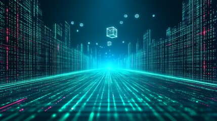 Digital Cityscape Data Stream Cubes Flowing Through City