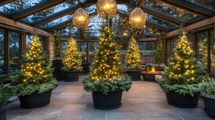 Obraz premium Winter indoor garden with potted evergreens, pinecones, and warm ambient lighting.
