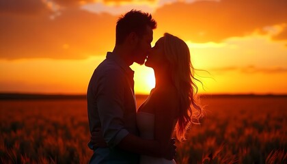 Fototapeta premium Silhouetted lovers share a tender kiss at sunset, bathed in the warm golden light of a breathtaking sky. Pure romance.