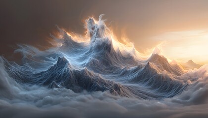 Abstract mountain range cloaked in swirling ethereal mist, peaks emerging dramatically, illuminated by golden hour light, jagged edges softened by fog, expansive depth, cinematic composition with a