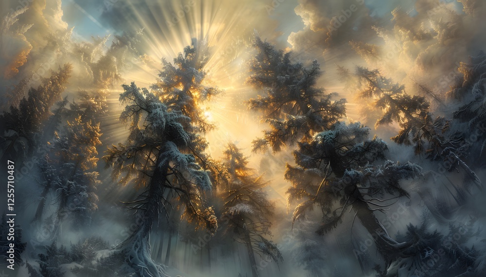 Leinwandbilder snow-draped forest, towering pine trees stretching to the sky, soft sunlight piercing through the ca