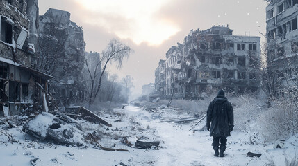 A solitary person walks through a snowy, desolate, and ruined urban landscape under a cloudy sunrise sky
