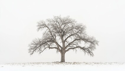 Obraz premium Winter Landscape: Lone Tree Stands in Snowy Field, a Serene Winter Scene, Cold and Still Atmosphere